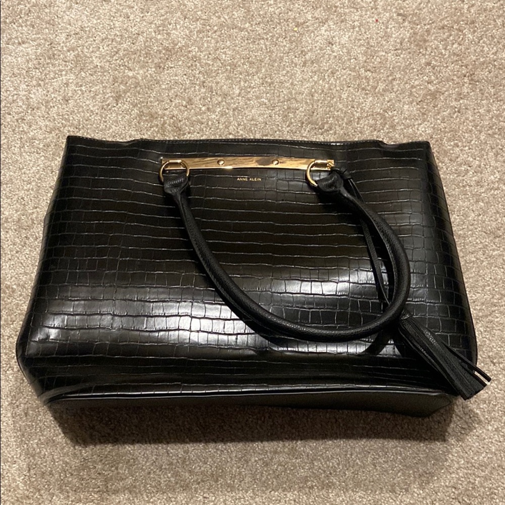 Anne Klein Black Croc-Embossed Tote with Gold Hardware